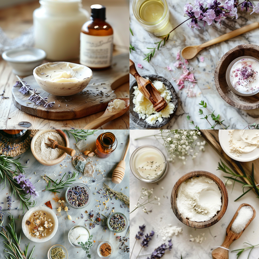 A collage of four images showcasing various natural skincare ingredients and products, including creams, oils, and herbs, arranged on rustic and marble surfaces. The setup emphasizes organic and artisanal skincare.