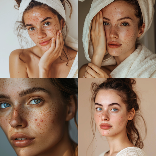 A collage of a young woman with freckled skin in a white towel, showcasing her skincare routine and natural beauty.