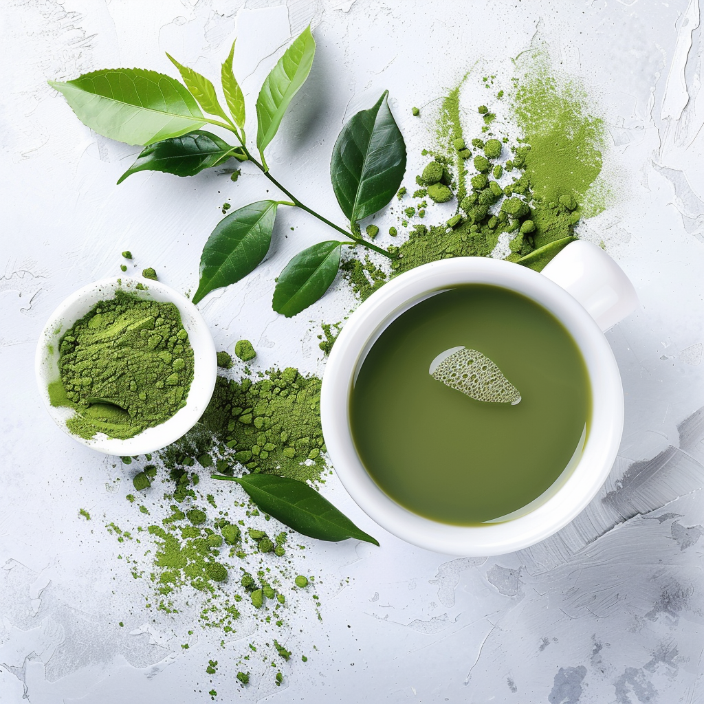 A top-view image of a white cup filled with green matcha tea, surrounded by fresh green tea leaves and matcha powder on a white textured background. The composition highlights the natural and vibrant essence of matcha tea.