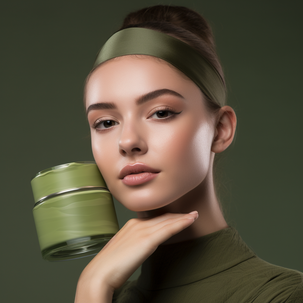 A close-up of a woman with flawless skin holding a green skincare product, wearing a matching green headband and attire, set against a green background.
